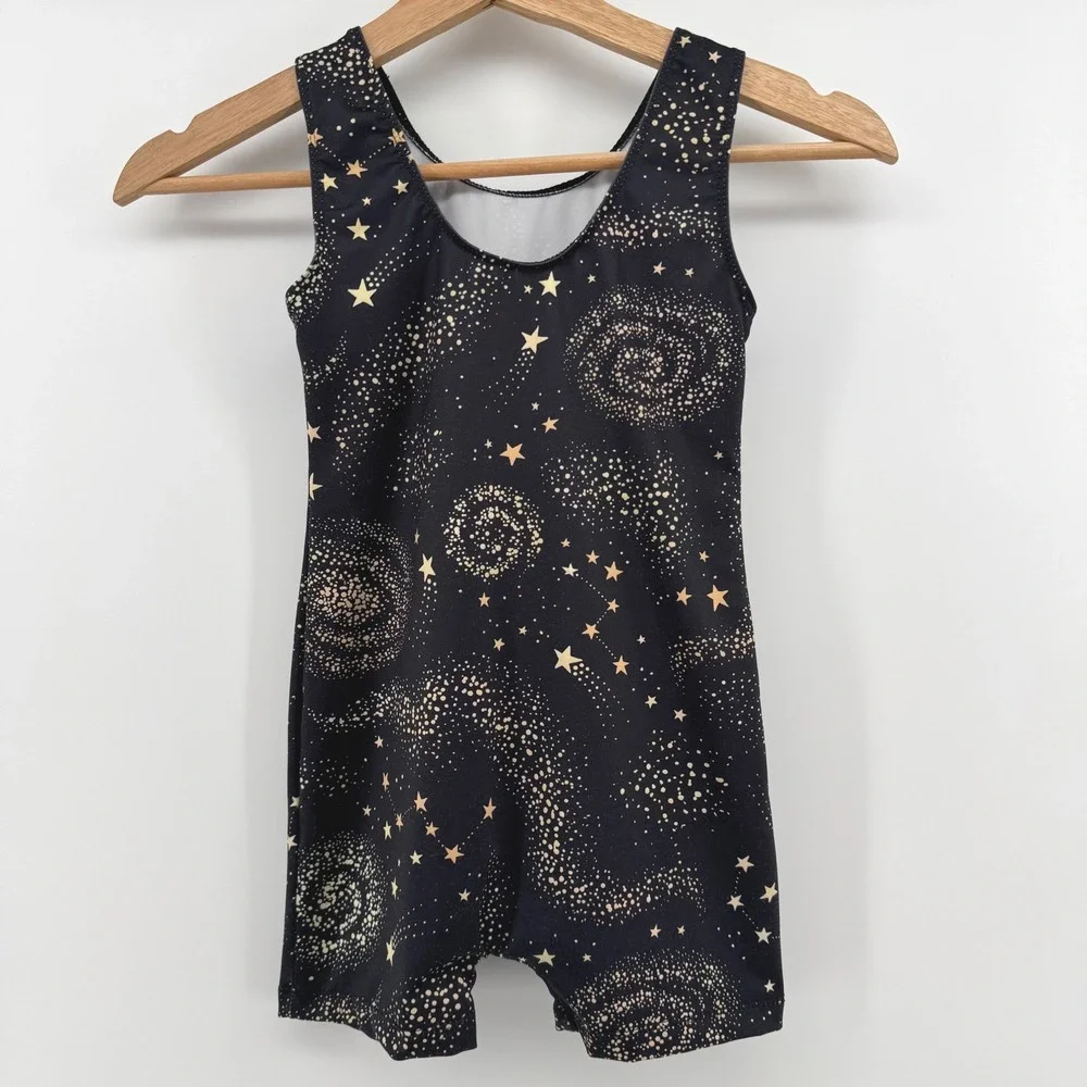 Unbranded Galaxy Print Biketard Girls Size 6 Black Star‎ Celestial Gymnastics
